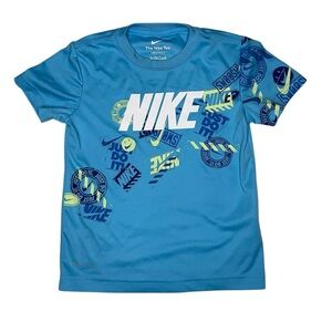 The Nike Tee Dri-Fit Aqua Tshirt with multiple logos-Kids Size Small (4-5yrs)